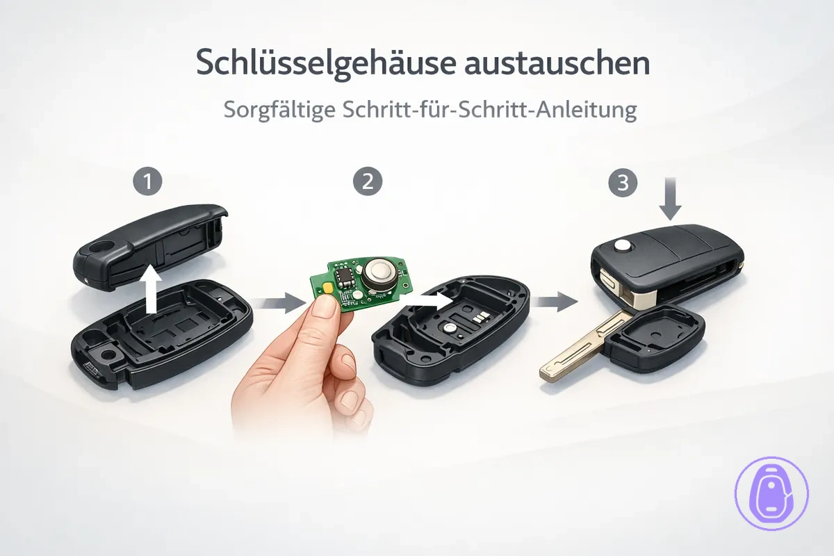 Schritt-für-Schritt-Illustration: Autoschlüsselgehäuse öffnen und nach dem Übertragen wieder zusammenbauen.