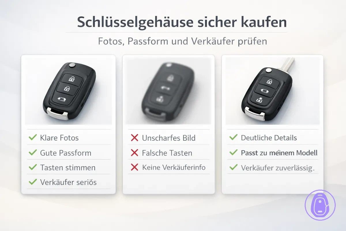 Illustration einer Checkliste, um Angebote für Autoschlüsselgehäuse anhand von Fotos und Passformdetails zu bewerten.
