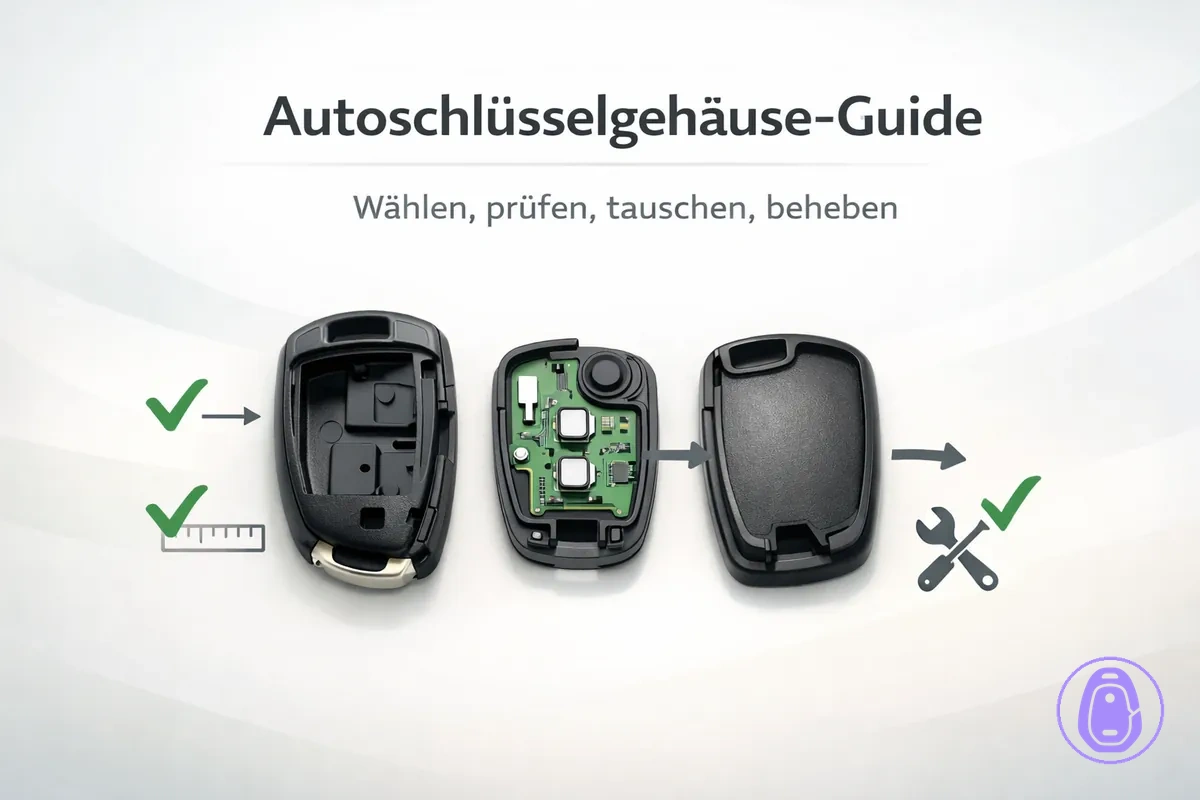 Illustration zum Autoschlüsselgehäuse-Hub mit den Hauptthemen: Auswahl, Passform-Check, Austausch und Fehlerbehebung.