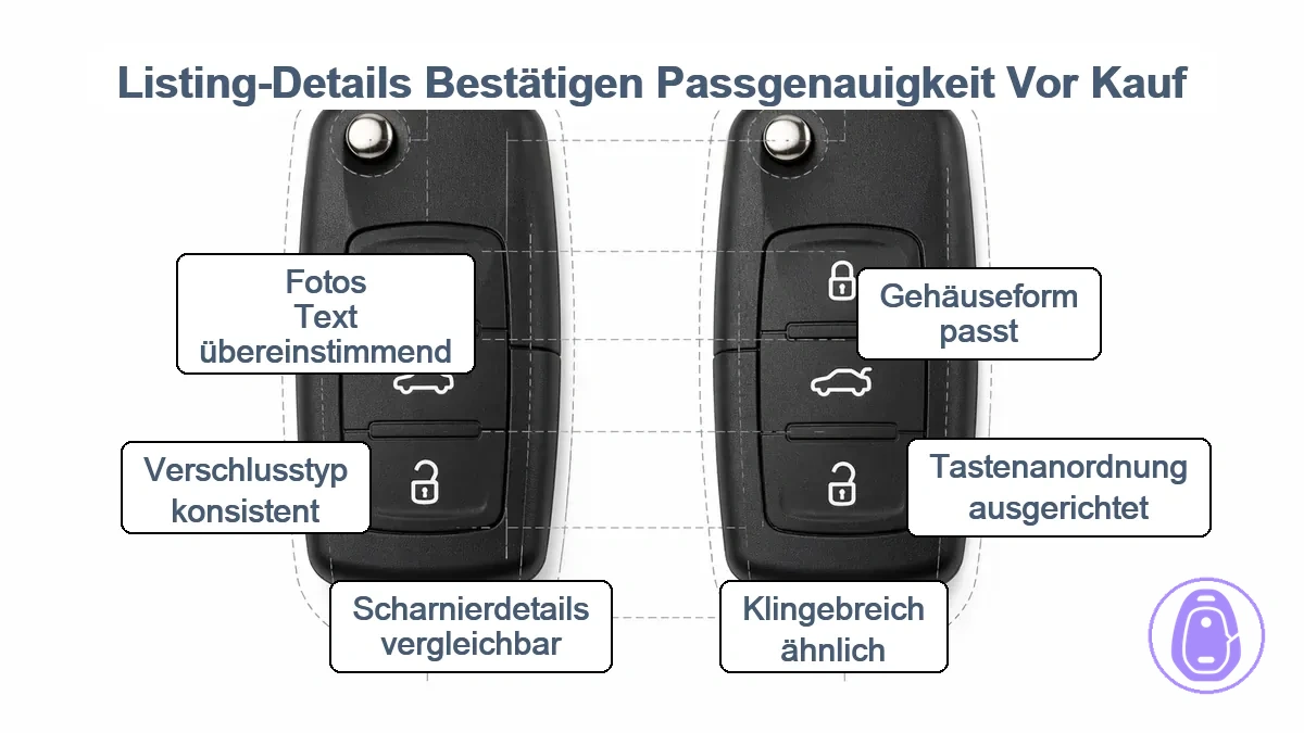 Vergleichsgrafik zu Passpunkten eines Autoschlüsselgehäuses wie Gehäuseform, Tastenlayout, Klingenbereich, Scharnier und Verschlussdetails