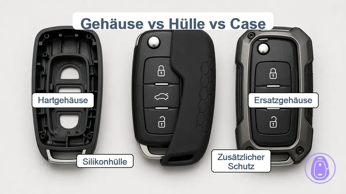 Vergleich von Autoschlüsselgehäuse als Ersatzgehäuse gegenüber Schlüsselhülle und Case als zusätzliche Schutzschichten.