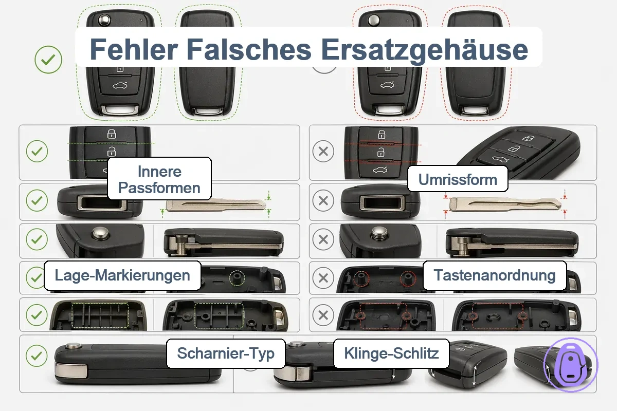Vergleichsgrafik mit korrekten vs falschen Passpunkten beim Autoschlüsselgehäuse, einschließlich Tastenlayout und Scharnierbereich.