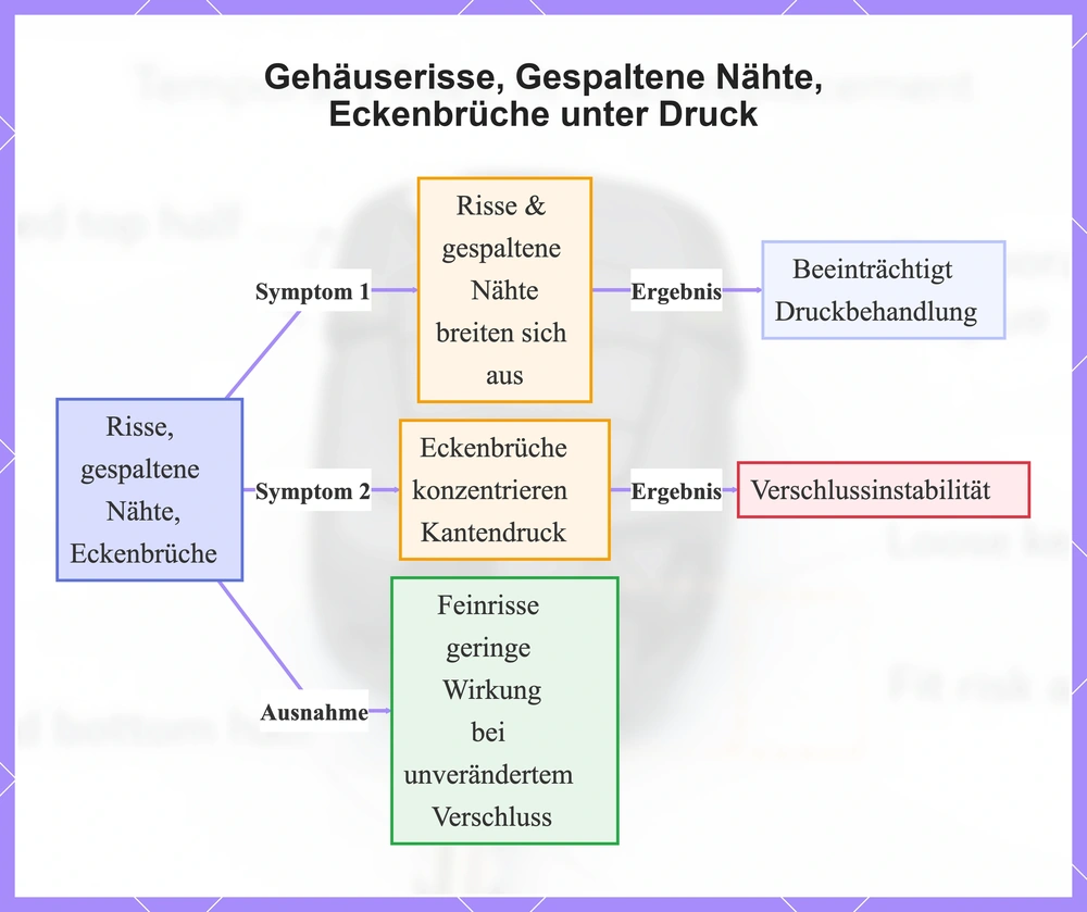 Gehäuserisse, Gespaltene Nähte, Eckenbrüche unter Druck