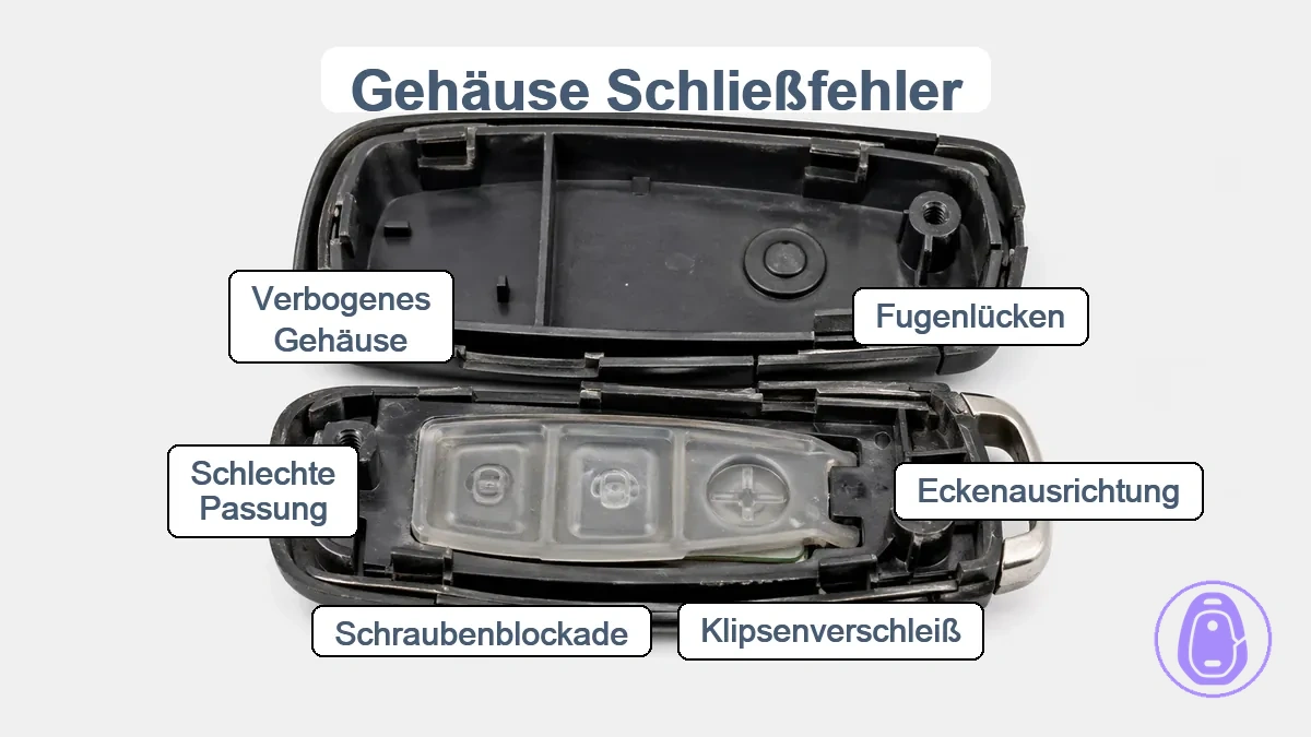 Angezeichnetes Diagramm der Naht des Autoschlüsselgehäuses mit Spaltbereichen, Klemmen und Schraubenpunkten, die das Schließen beeinflussen.
