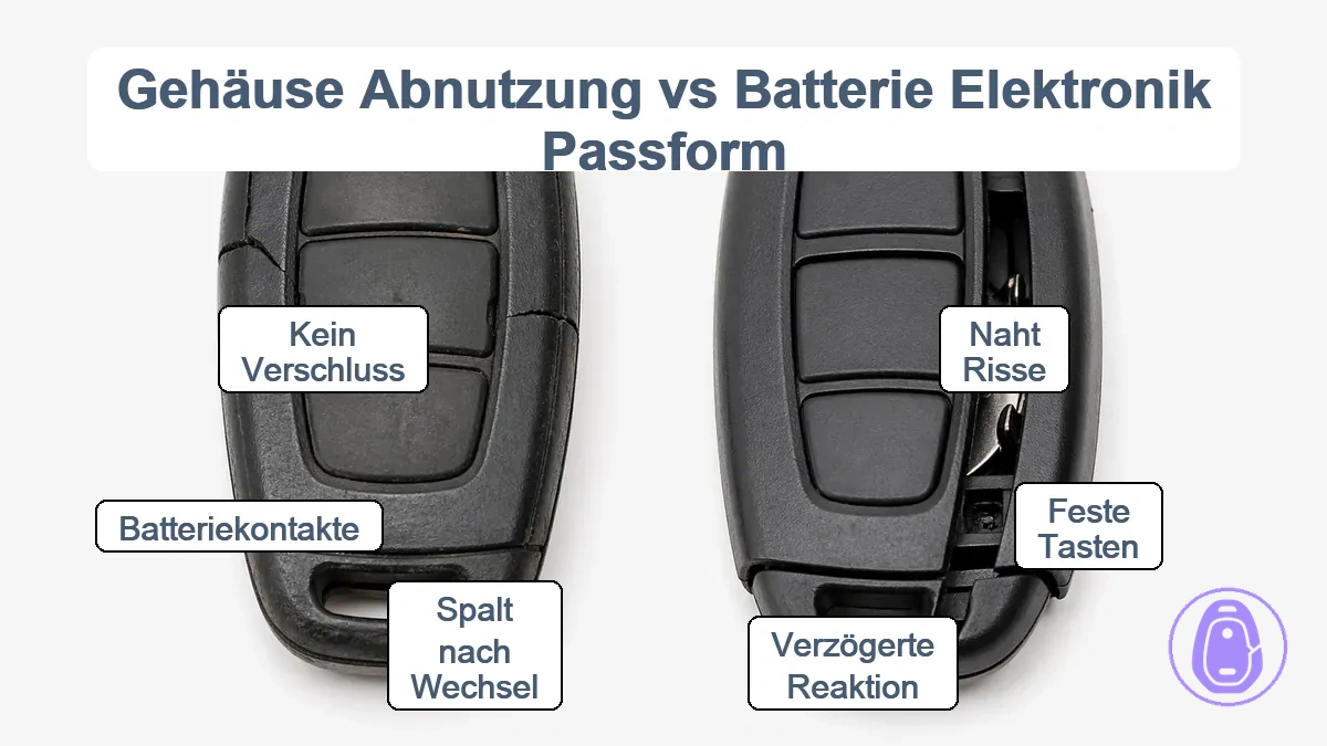 Visueller Kontrast zwischen Rissen in verschlissenem Autoschlüsselgehäuse und Fehlausrichtung bei falsch passendem Gehäuse