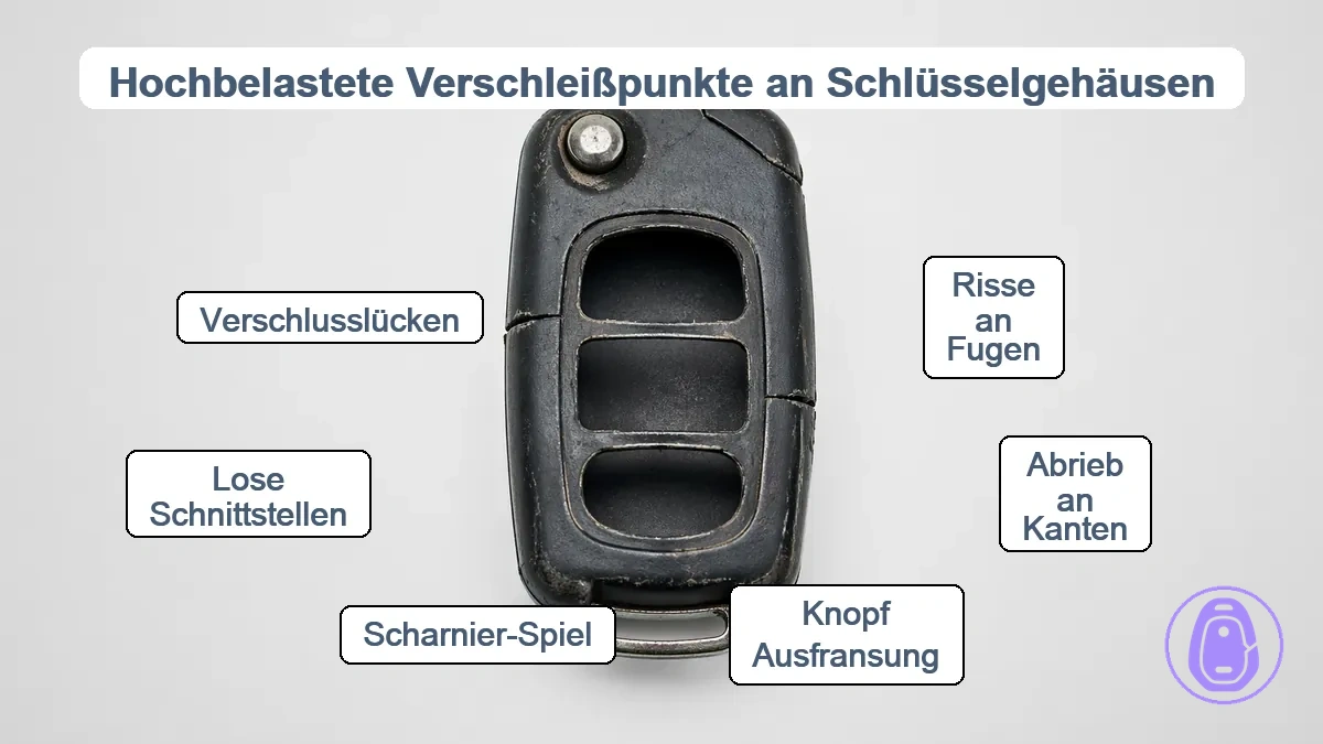 Angezeichnetes Autoschlüsselgehäuse mit hervorgehobenen Naht-, Scharnier- und Tastenverschleißstellen.