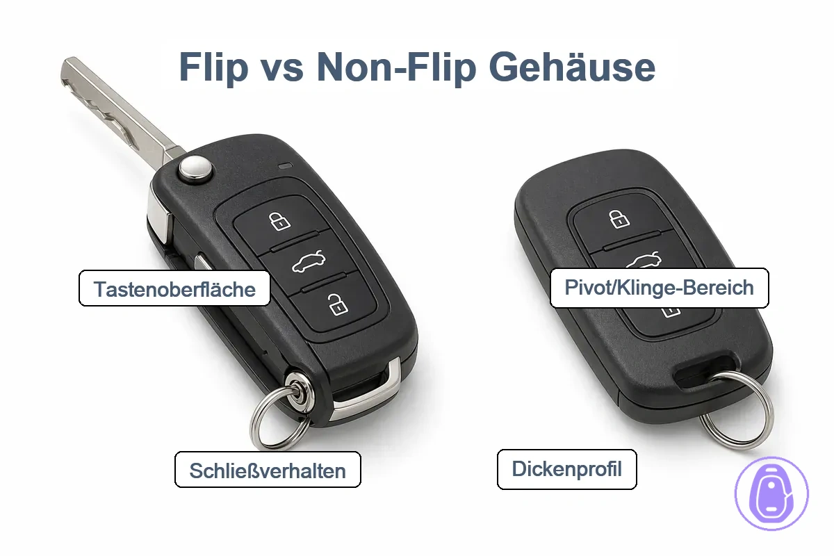 Vergleichsgrafik, die klappende und nicht klappende Autoschlüsselgehäuse-Bauformen und Identifikationsmerkmale zeigt.