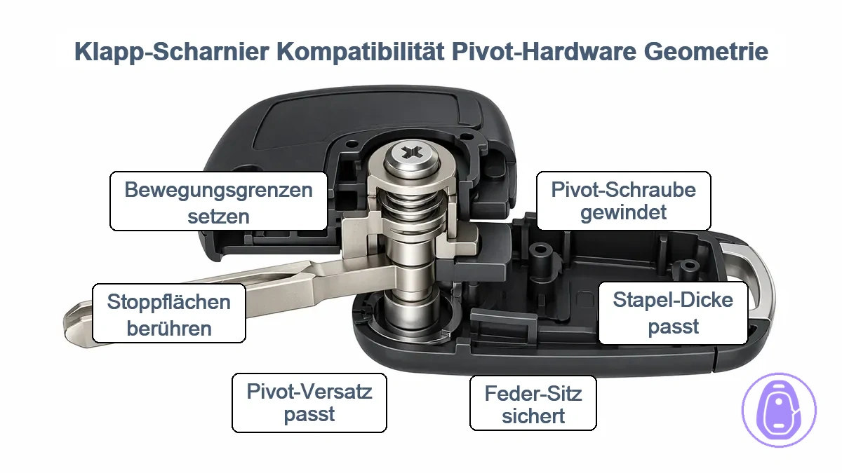 Diagramm zur Anzeige von Drehpunktbauteilen und Scharniergeometrie-Ausrichtung in Klappscharnieren für korrekte Autoschlüsselgehäuse-Funktion