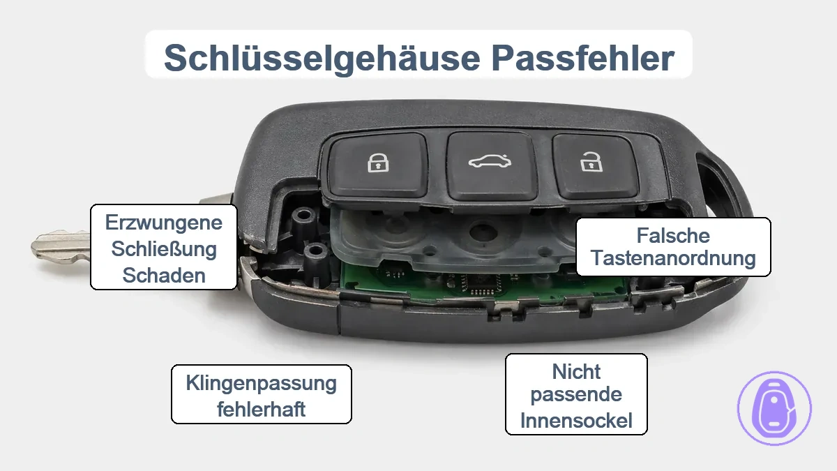 Abbildung von Passfehlern bei Autoschlüsselgehäusen wie falsche Tastenausrichtung oder fehlpassende Stifte, die Verschlussprobleme und Extrakosten verursachen.