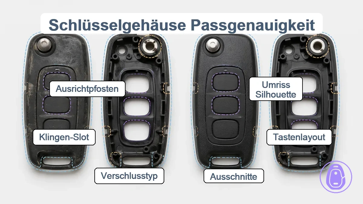 Bild zur Passformprüfung mit Markierungen für Umrisspassung des Autoschlüsselgehäuses, Tastenlayout-Abstände, Ausschnitte und Klinge-/Scharnierbereich.
