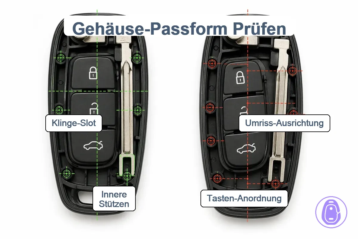 Passungsprüfungen für Autoschlüsselgehäuse bei Tastenlayout und inneren Pfosten.