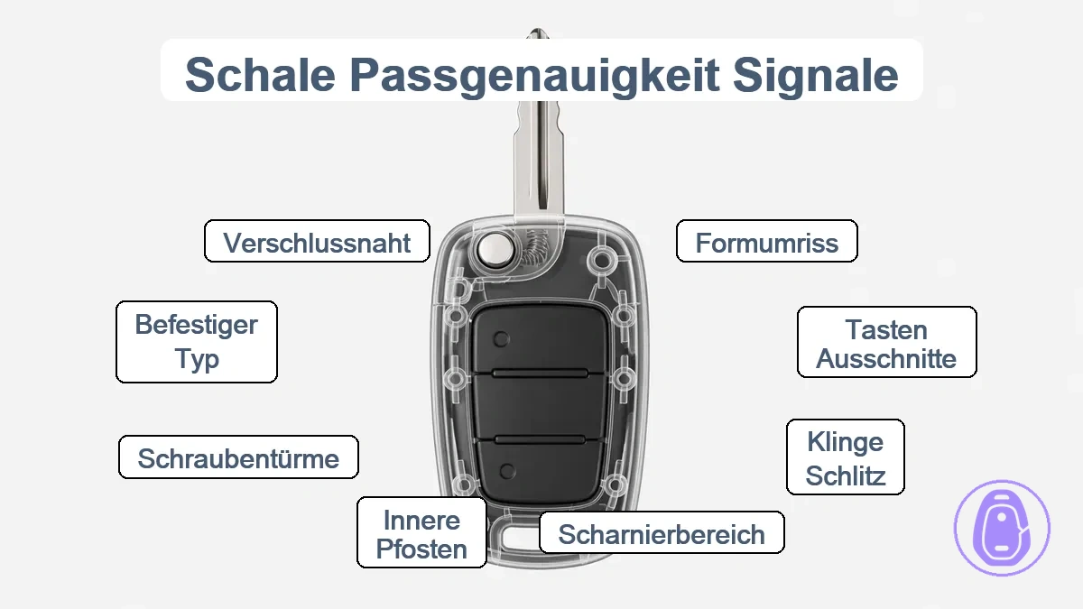 Angepasstes Diagramm mit Überlagerung eines Schlüsselgehäuse-Umrisses, Tastenfenster-Ausrichtung, Klingel-/Scharnierbereich und Positionen interner Aufnahmestifte allgemein beschriftet.