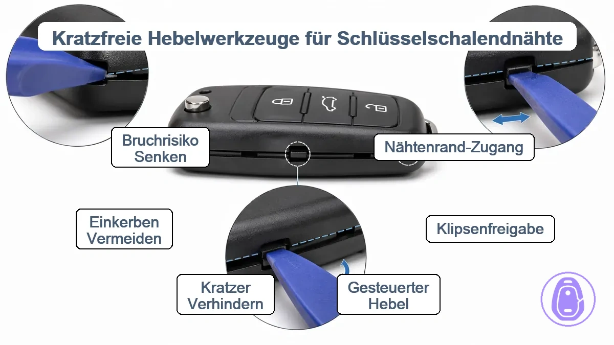 Kratzfreie Hebelwerkzeuge und Spudger zum sicheren Öffnen einer Naht am Autoschlüsselgehäuse