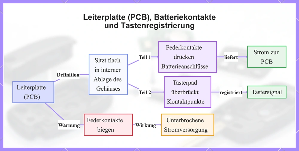 Leiterplatte (PCB), Batteriekontakte und Tastenregistrierung