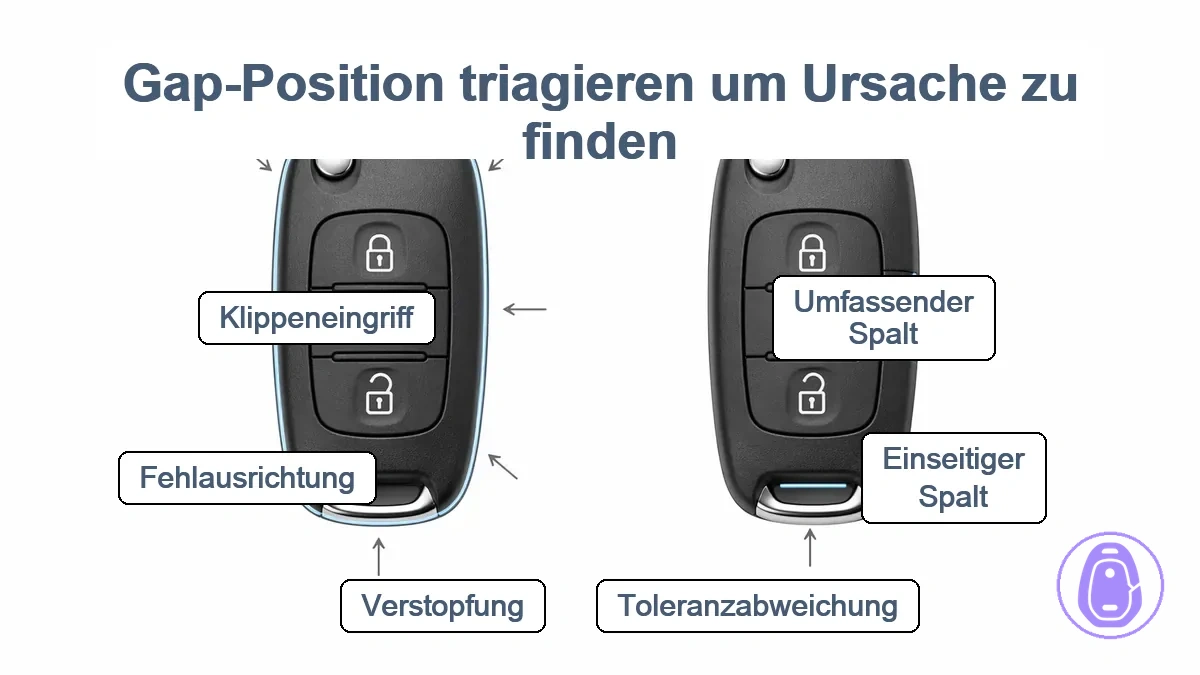 Diagramm des Autoschlüsselgehäuses mit hervorgehobenen Lückenbereichen bei Tasten, Klinge/Scharnier und Schlüsselringende sowie Pfeilen für einseitige und allseitige Lücken.