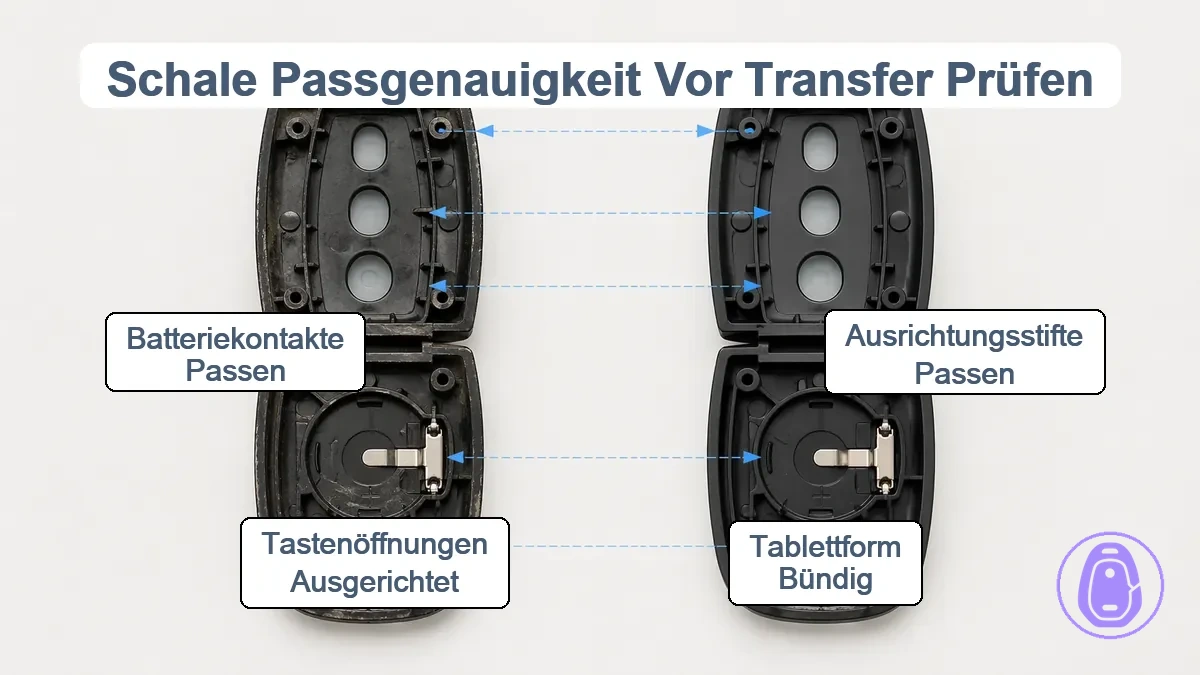 Nahaufnahme-Illustration von zwei Autoschlüsselgehäusen mit Ausrichtungsstiften, Tastenlöchern und Batteriekontakten sowie Pfeilen zu passenden Bereichen.