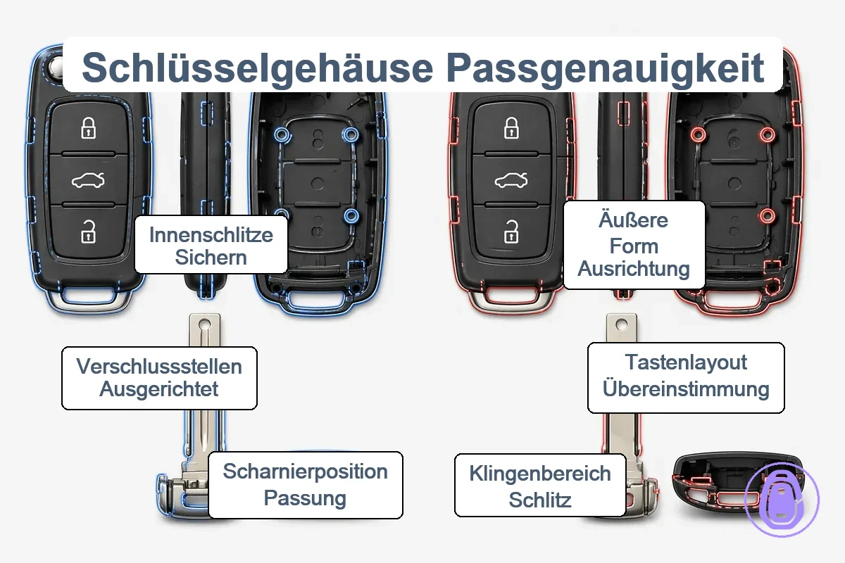 Illustration von Passformprüfungen für Autoschlüsselgehäuse mit Fokus auf äußere Form, Tastenlayout, Klingelbereich und Scharnierausrichtung.