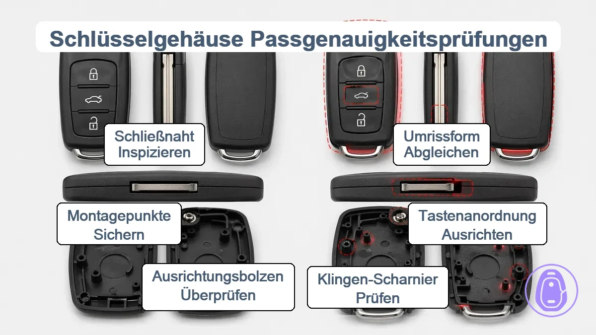 Passform-Prüfungs-Illustration für Autoschlüsselgehäuse mit Umrissform, Tastenlayout, Klingenscharnier und inneren Befestigungspunkten.