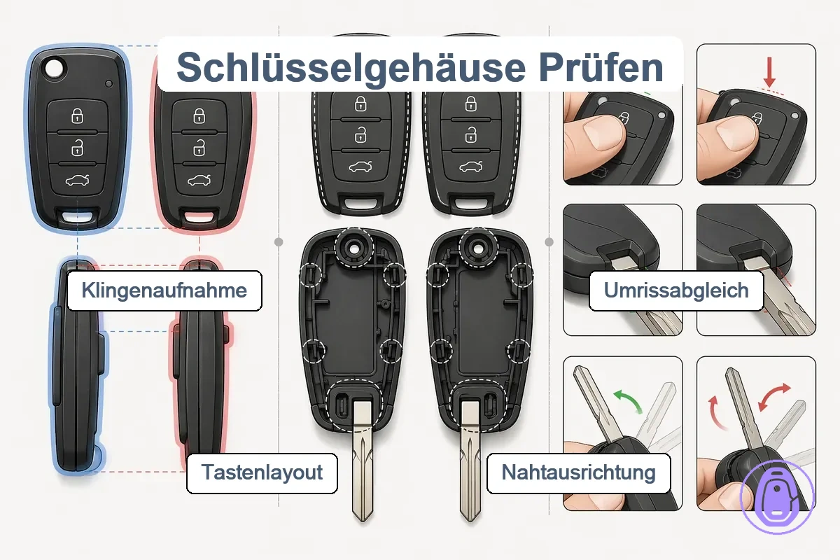 Schritt-für-Schritt-Prüfhinweise für Autoschlüsselgehäuse-Passform von Fotos zu physischen Tests.