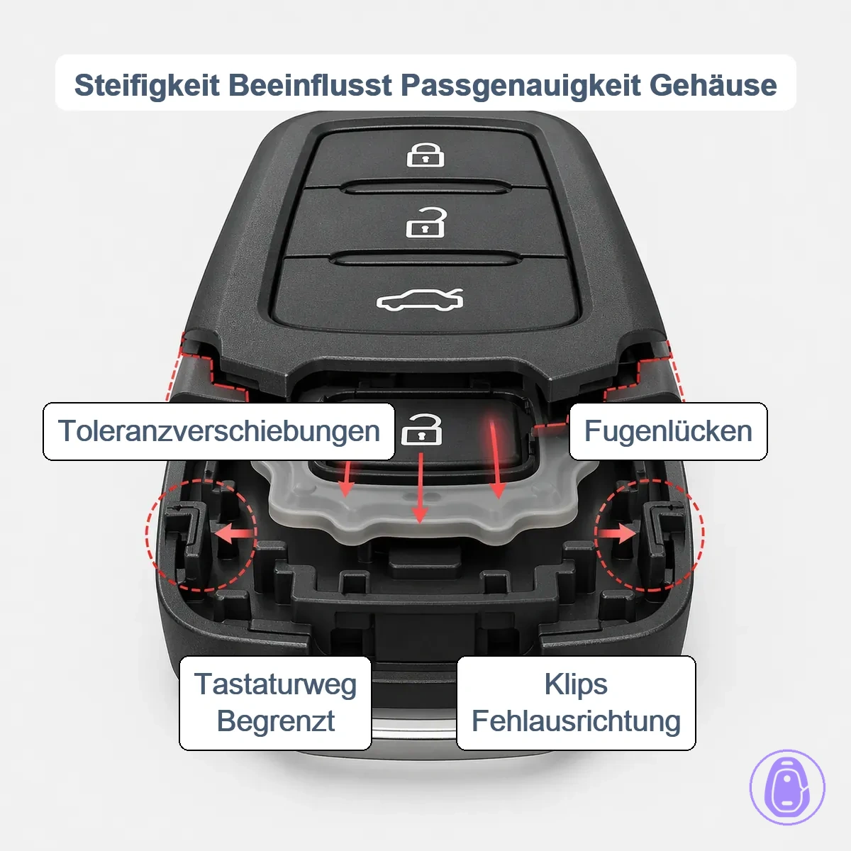 Illustration, die Nahtspalten, Clip-Fehlausrichtung und eingeschränkte Knopfwägung bei Autoschlüsselgehäusen durch schlechte Toleranzen und Steifigkeit zeigt.