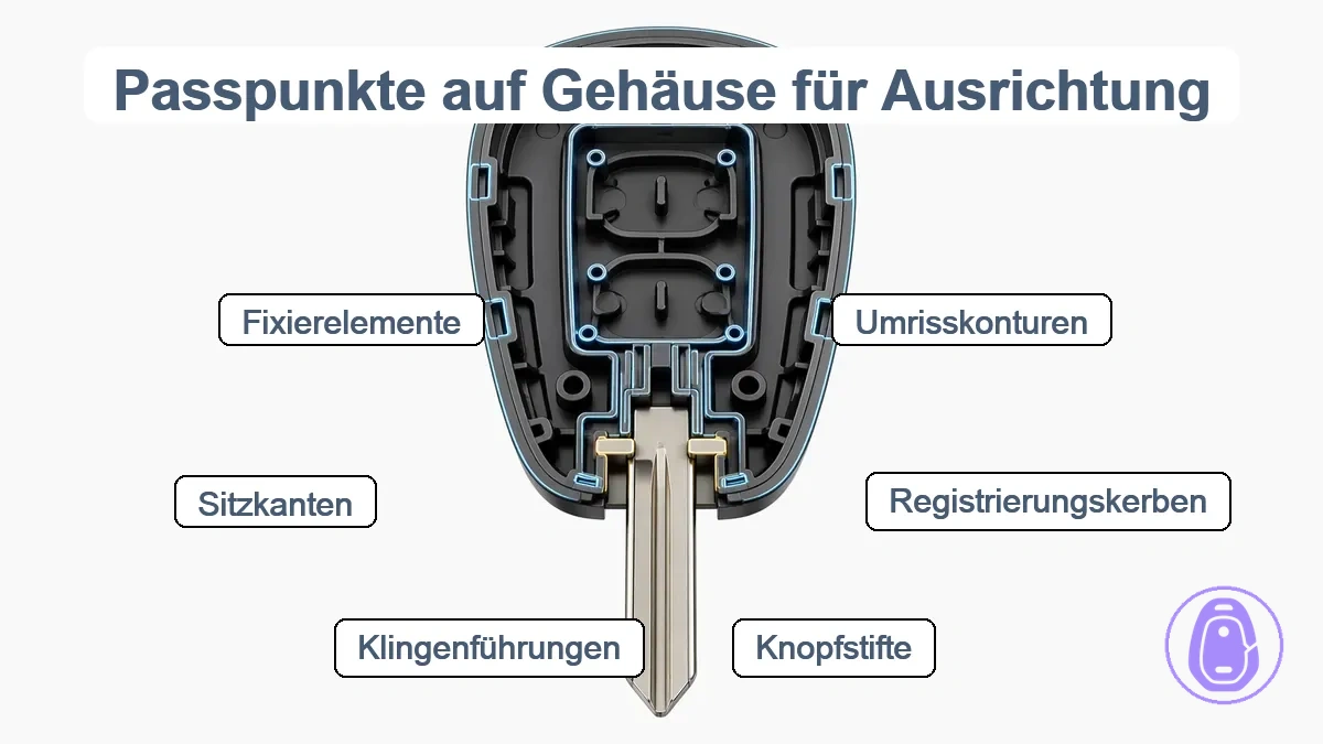 Beschriftetes Diagramm, das Passpunkte an einem Autoschlüsselgehäuse zeigt: Umrissprofil, Tastenregistrierungsmerkmale und Ausrichtungsflächen des Schlüsselbereichs