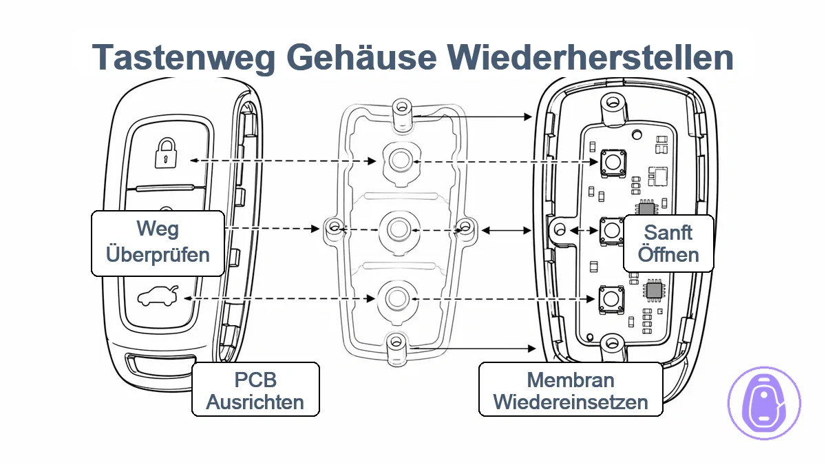 Vereinfachtes Ausrichtungsdiagramm mit Autoschlüsselgehäusehälften, Gummimembran, PCB und Ausrichtungspfosten; Pfeile zeigen korrekte Sitzung und Tastenweg-Pfad.