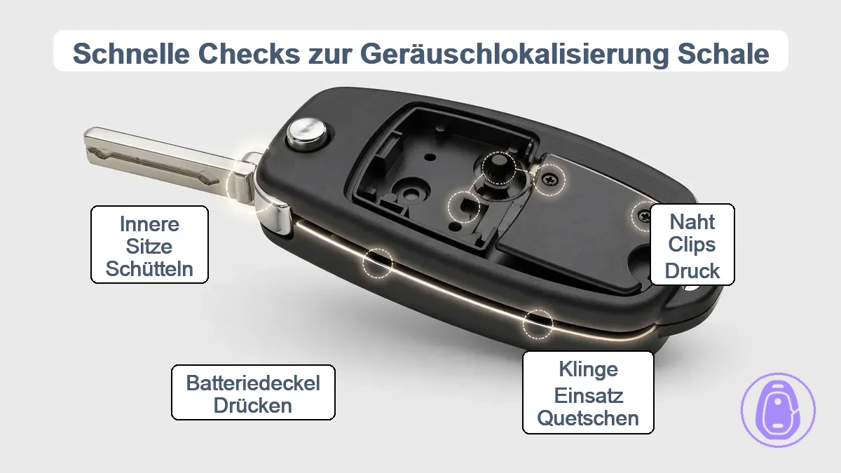 Diagramm eines Autoschlüsselgehäuses mit Naht, Klinge-Bereich, Batteriedeckel und inneren Lagerungsprüfzonen