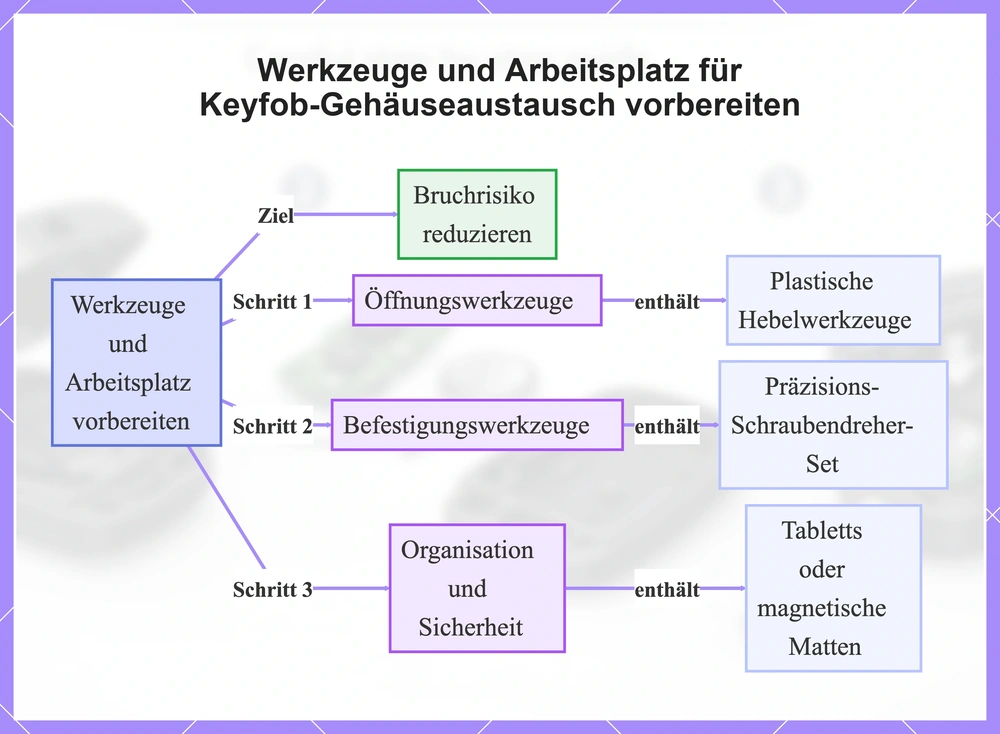 Werkzeuge und Arbeitsplatz für Keyfob-Gehäuseaustausch vorbereiten