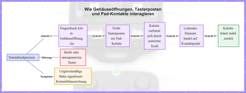 Wie Gehäuseöffnungen, Tasterposten und Pad-Kontakte interagieren