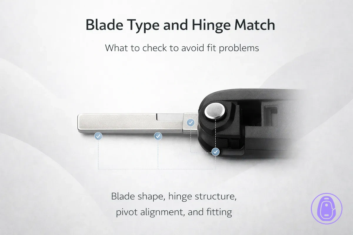 Close-up illustration of a Car key shell blade area and hinge/pivot point used for compatibility checks.
