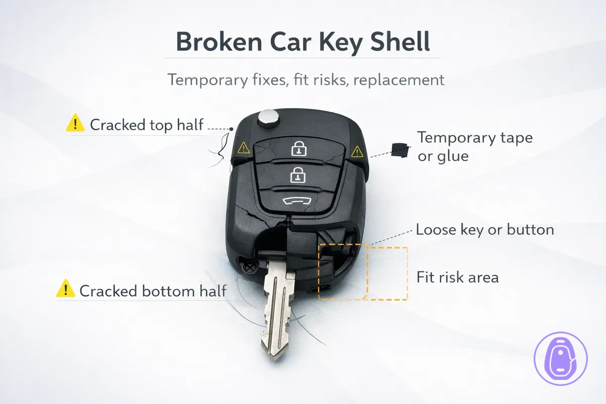 Illustration of a cracked Car key shell showing common break points and why fit can change.