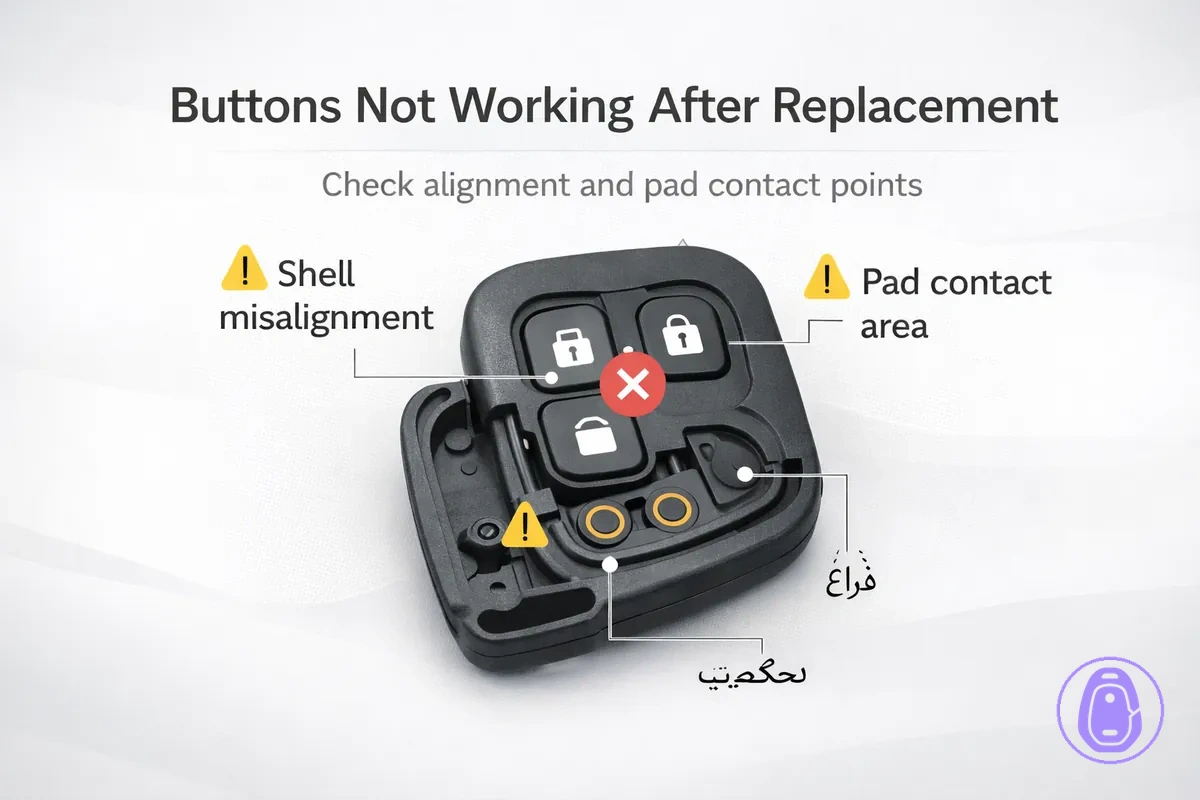 Illustration of a Car key shell with unresponsive buttons highlighting alignment and button pad contact points.