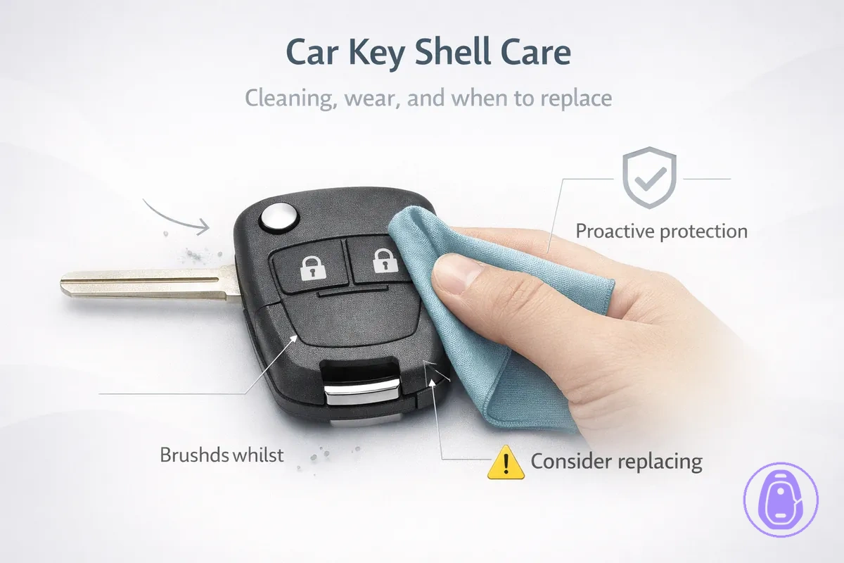Care and maintenance illustration for cleaning and protecting a Car key shell from wear.