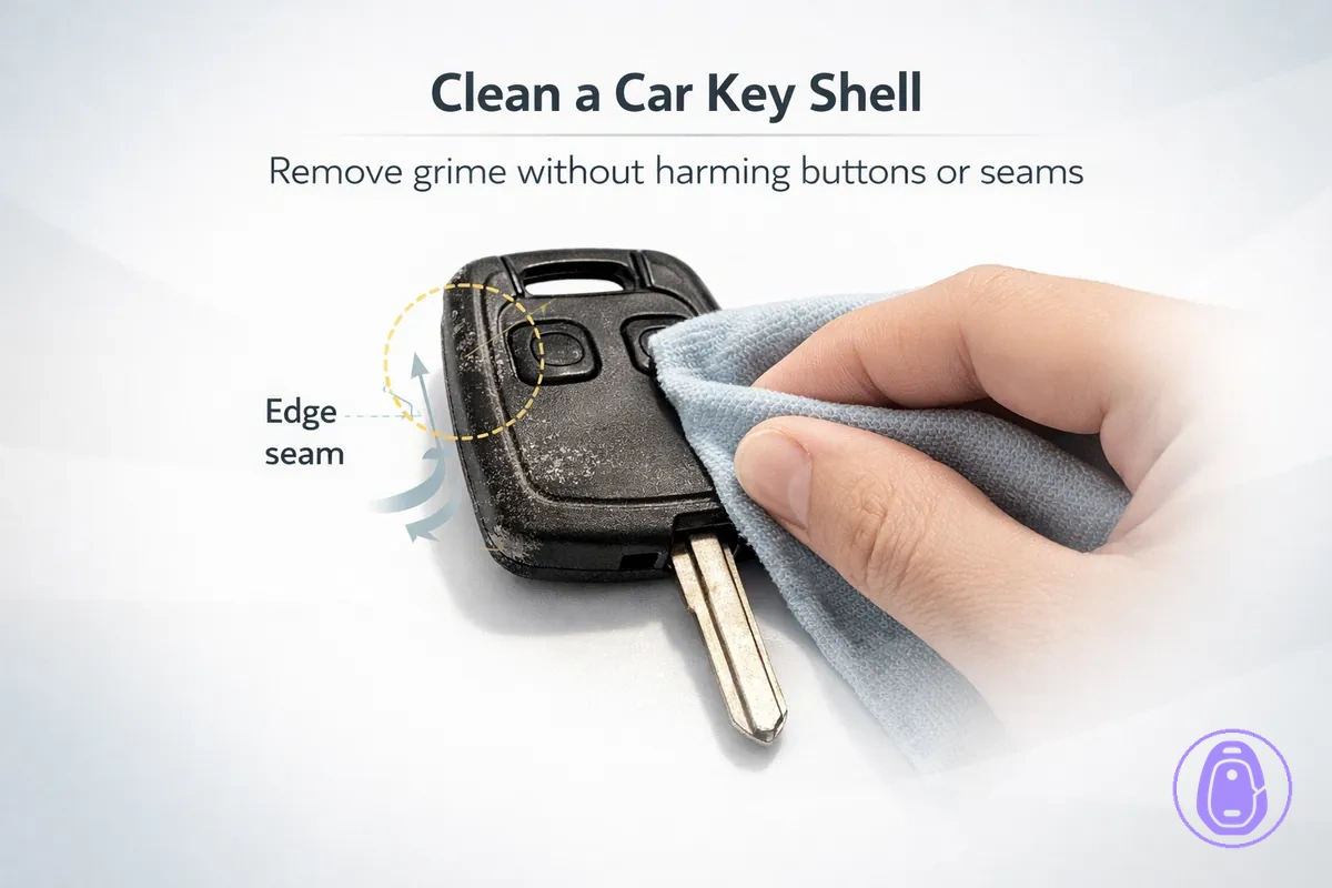 Cleaning illustration for a Car key shell focusing on seams and button areas.