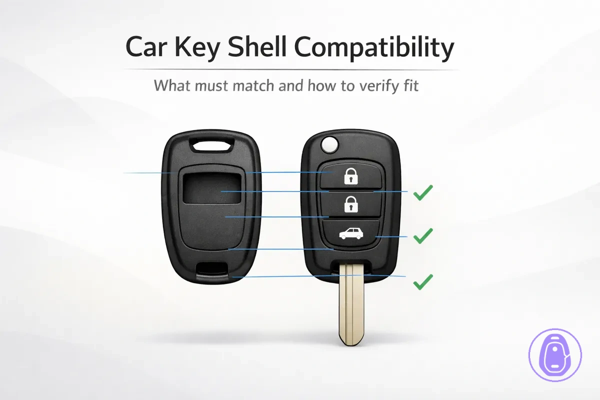 Fit-check illustration for Car key shell compatibility showing shape, button layout, and blade area alignment.