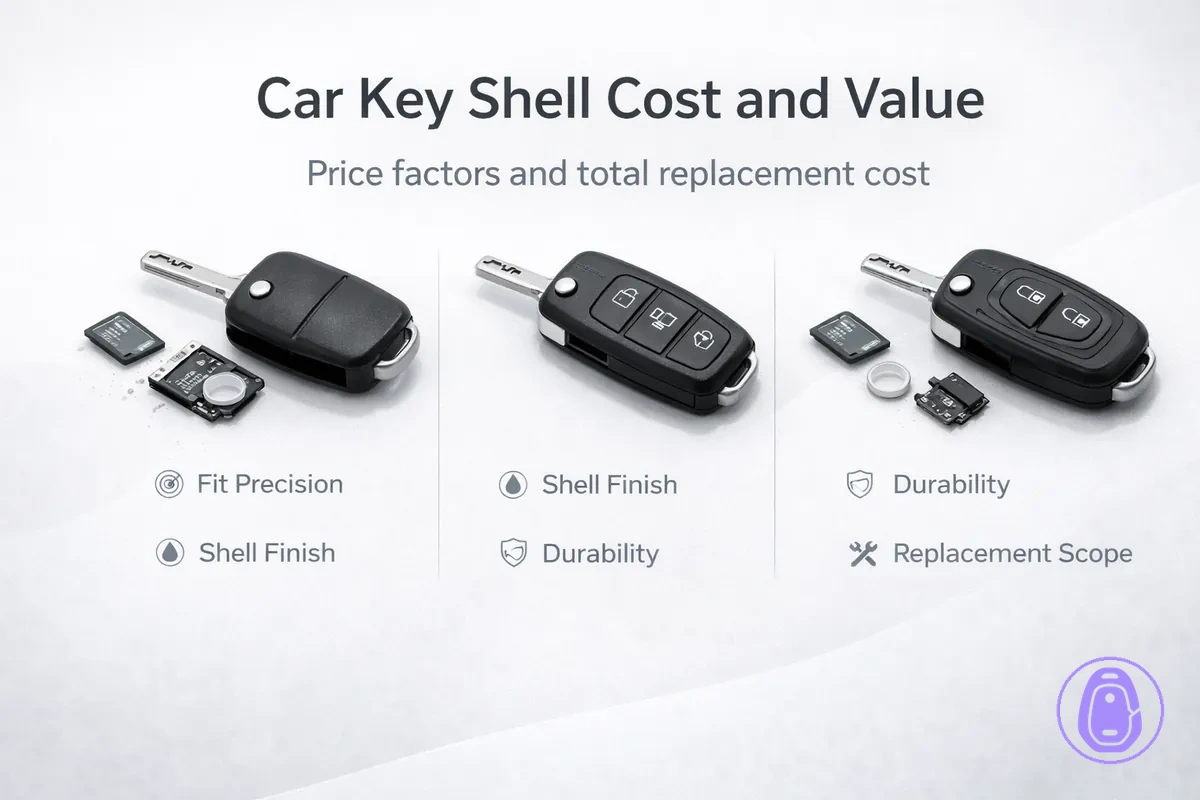 Cost comparison illustration for Car key shell options showing value factors like fit precision and durability.