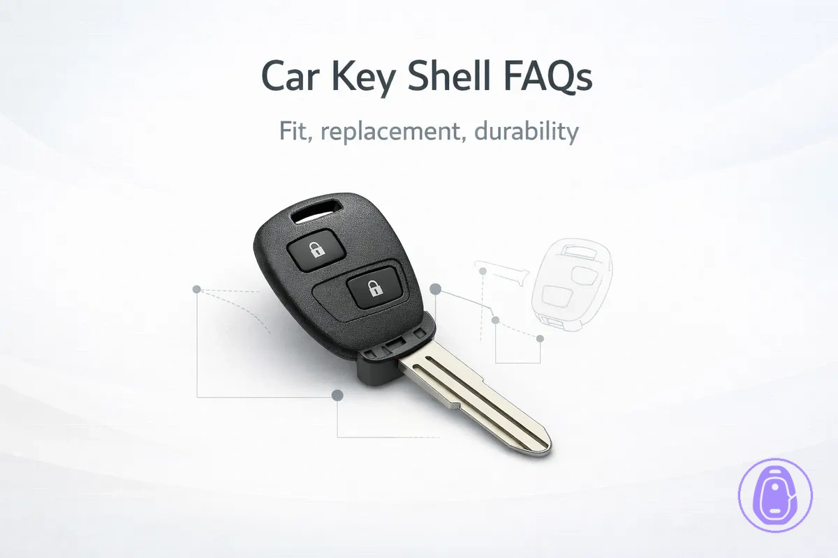 FAQ-style illustration for Car key shell questions about fit, replacement, and durability.