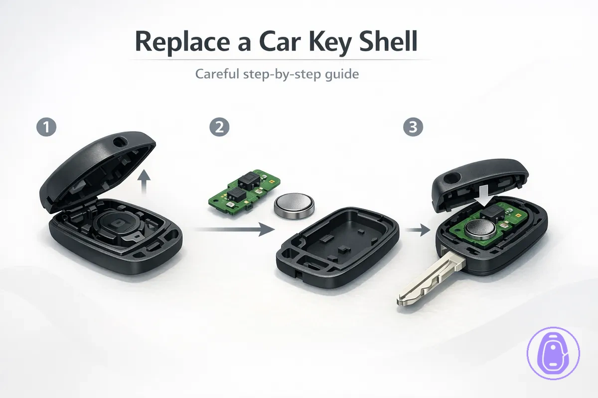 Step-by-step illustration showing opening a Car key shell and reassembling it after transfer.