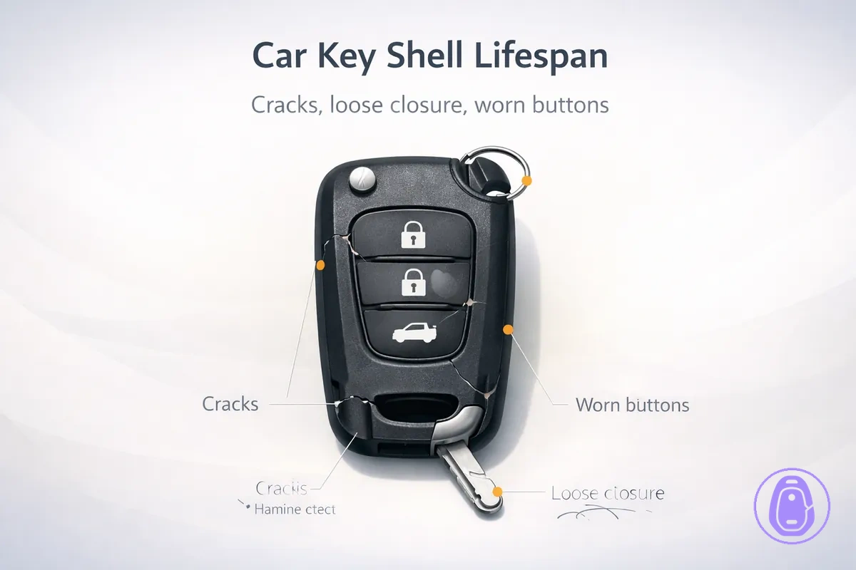 Illustration showing signs of Car key shell wear such as cracks, loose closure, and worn buttons.