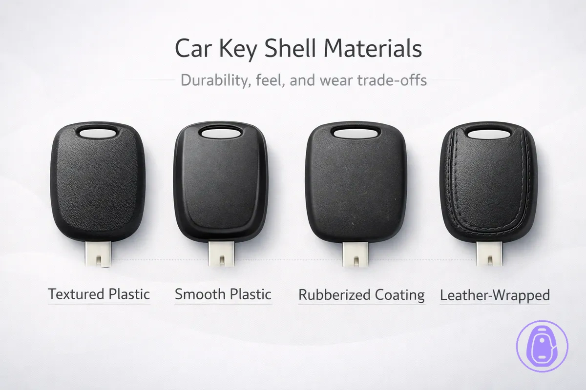 Illustration comparing car key shell materials and surface finishes for grip and wear.