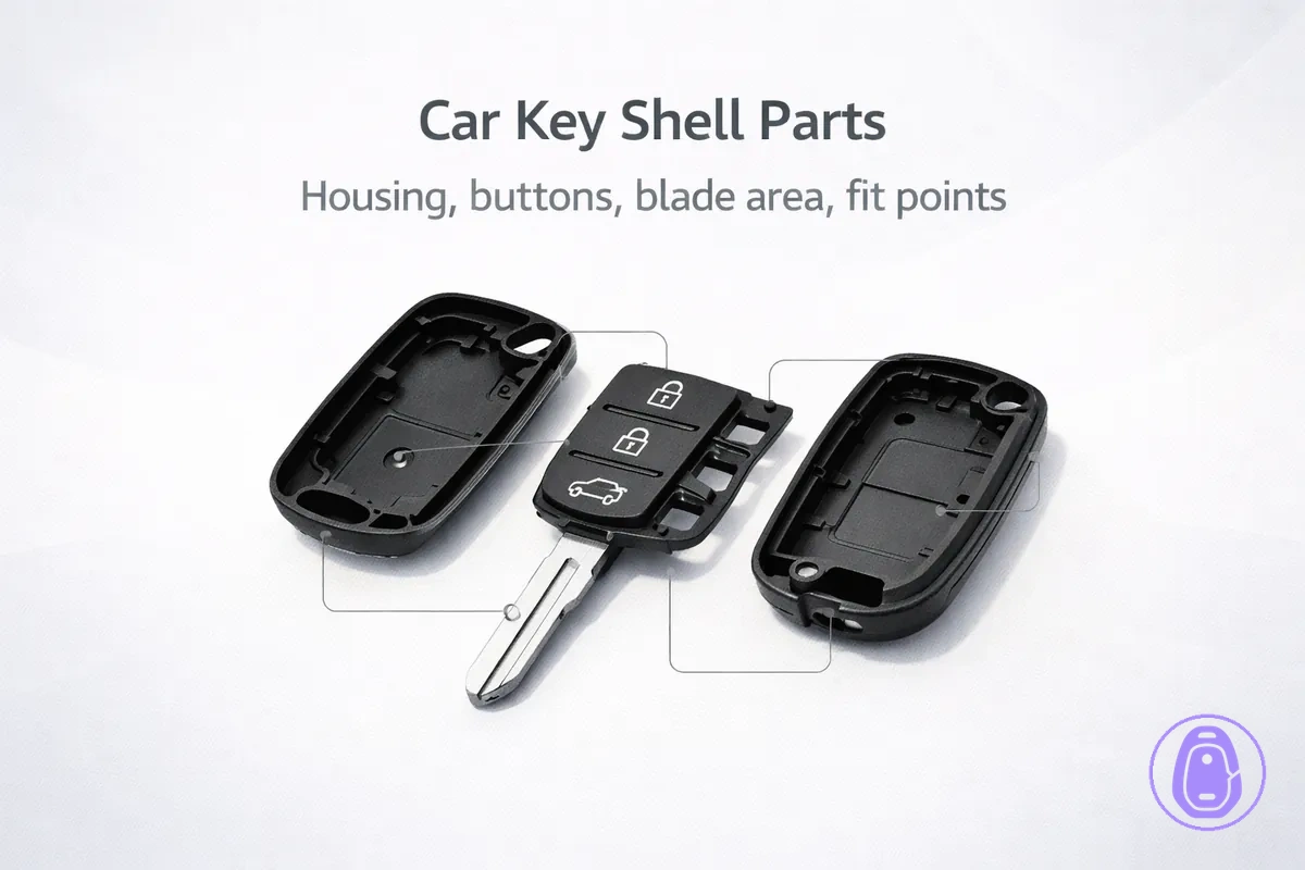 Exploded-style illustration showing Car key shell parts such as housing halves, button pad area, and blade section.