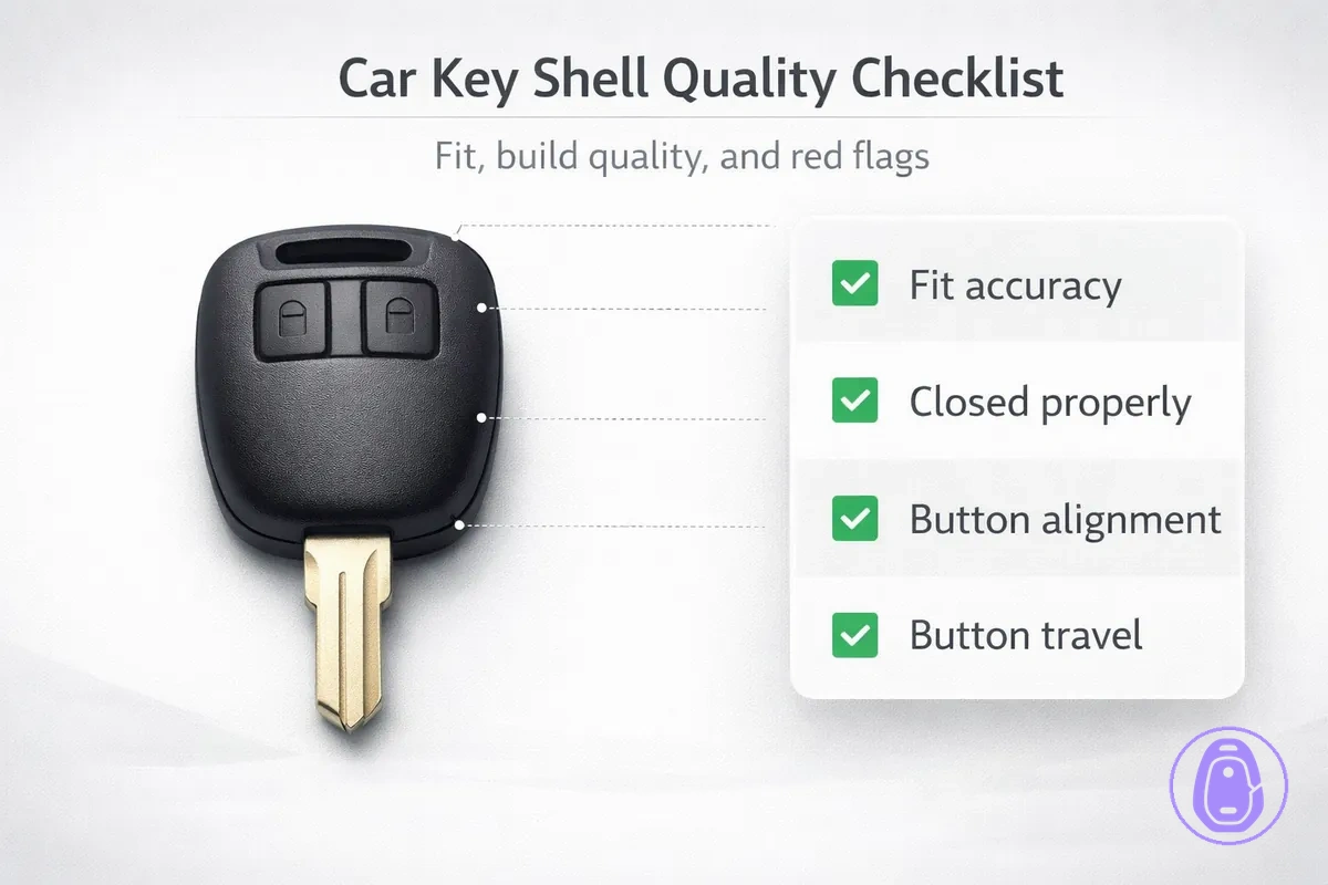 Checklist illustration for evaluating Car key shell quality: fit, alignment, closure, and button travel.