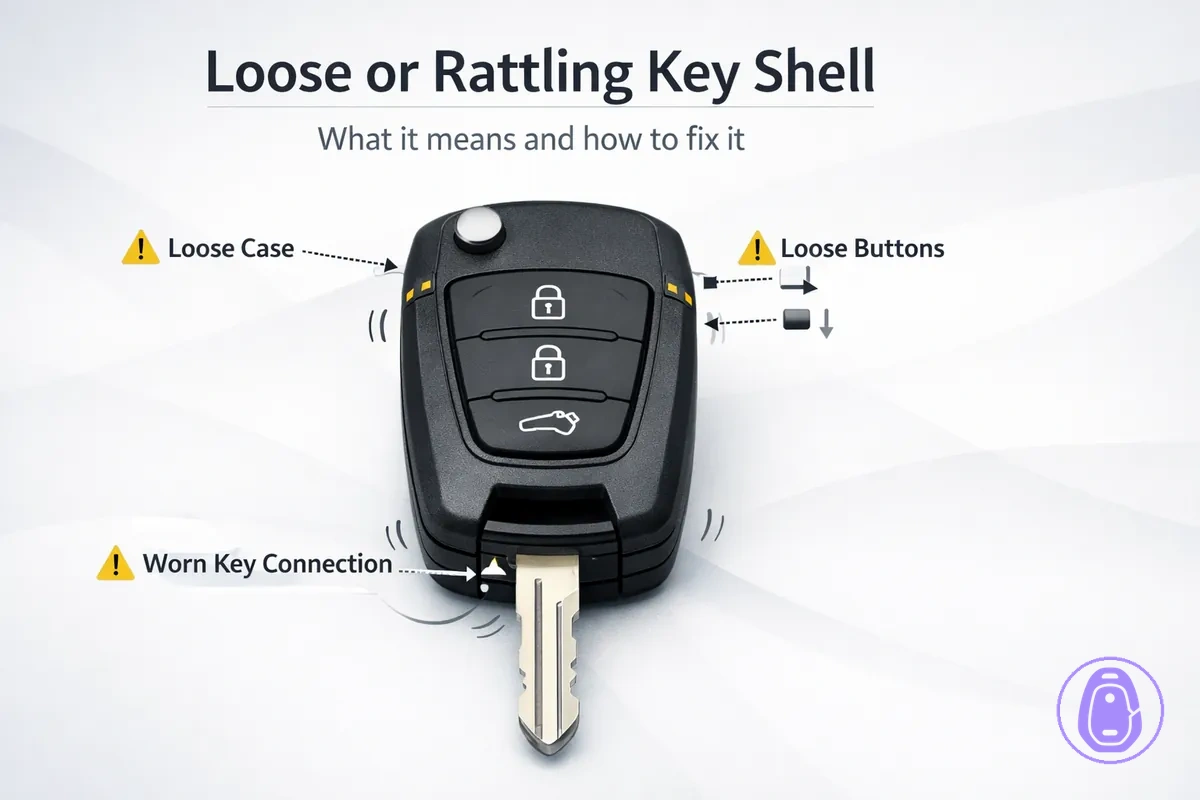 Illustration showing a loose Car key shell with movement points that can cause rattling.