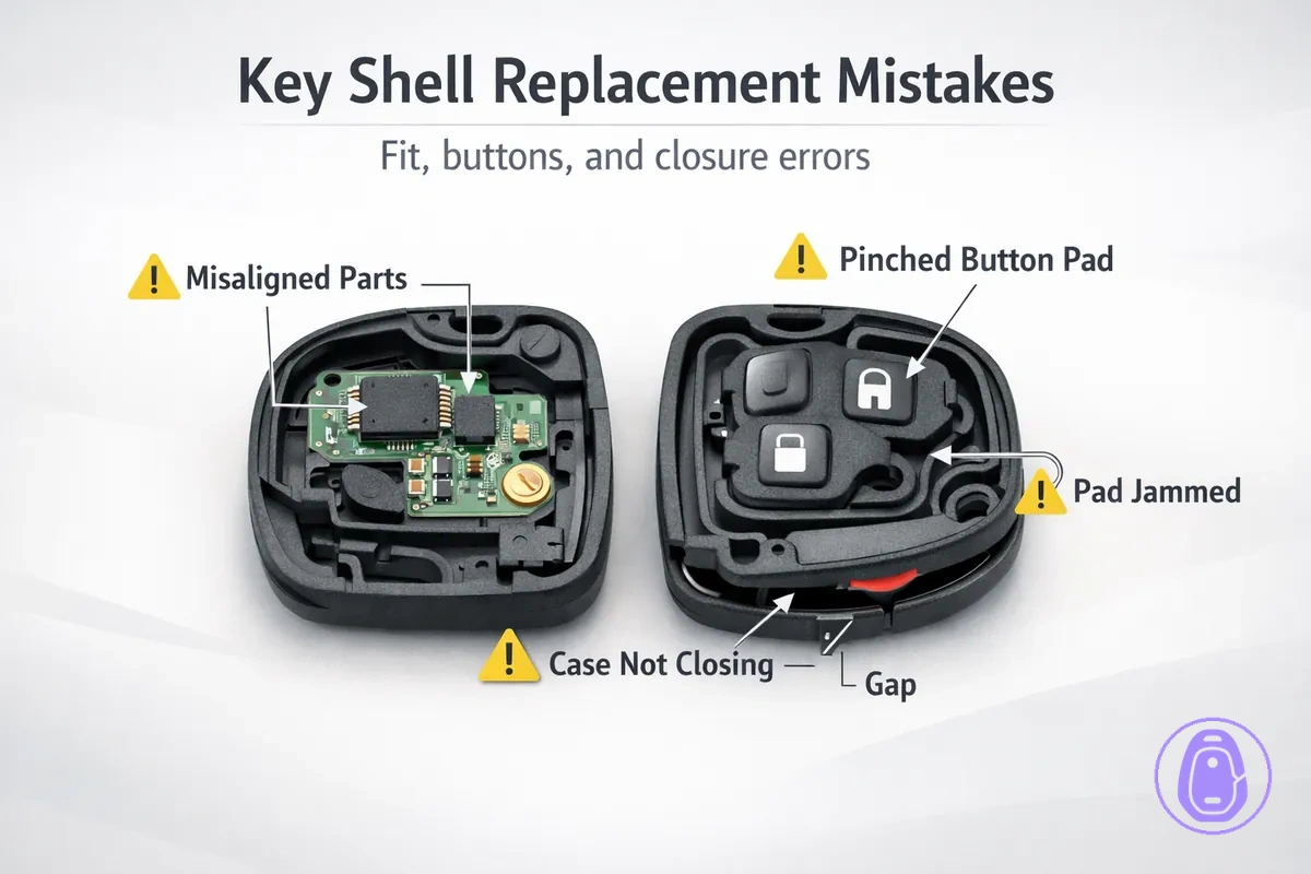 Illustration highlighting common Car key shell replacement mistakes like misaligned parts and pinched button pads.