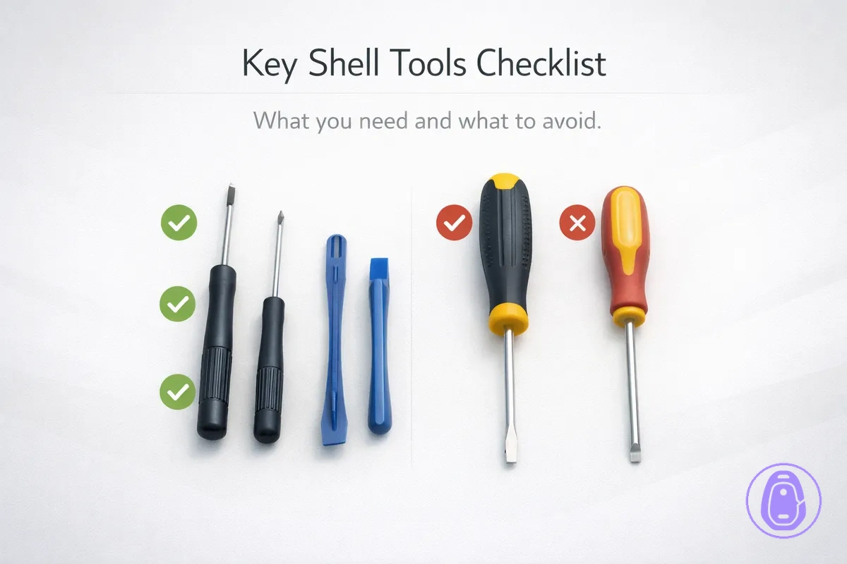 Tools laid out for Car key shell replacement, including small screwdrivers and prying tools.