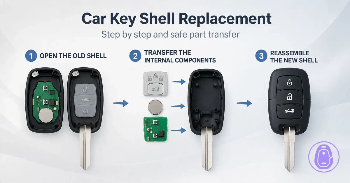 Step-by-step style illustration for replacing a Car key shell and reassembling it correctly.