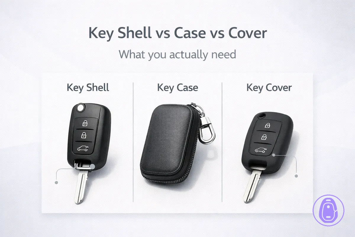 Side-by-side illustration comparing a Car key shell, a key case, and a key cover by how they fit and protect.
