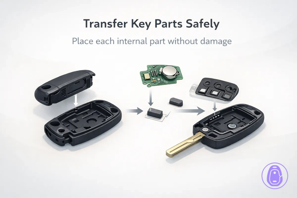 Illustration of Car key shell opened to show where internal parts sit during a careful transfer.