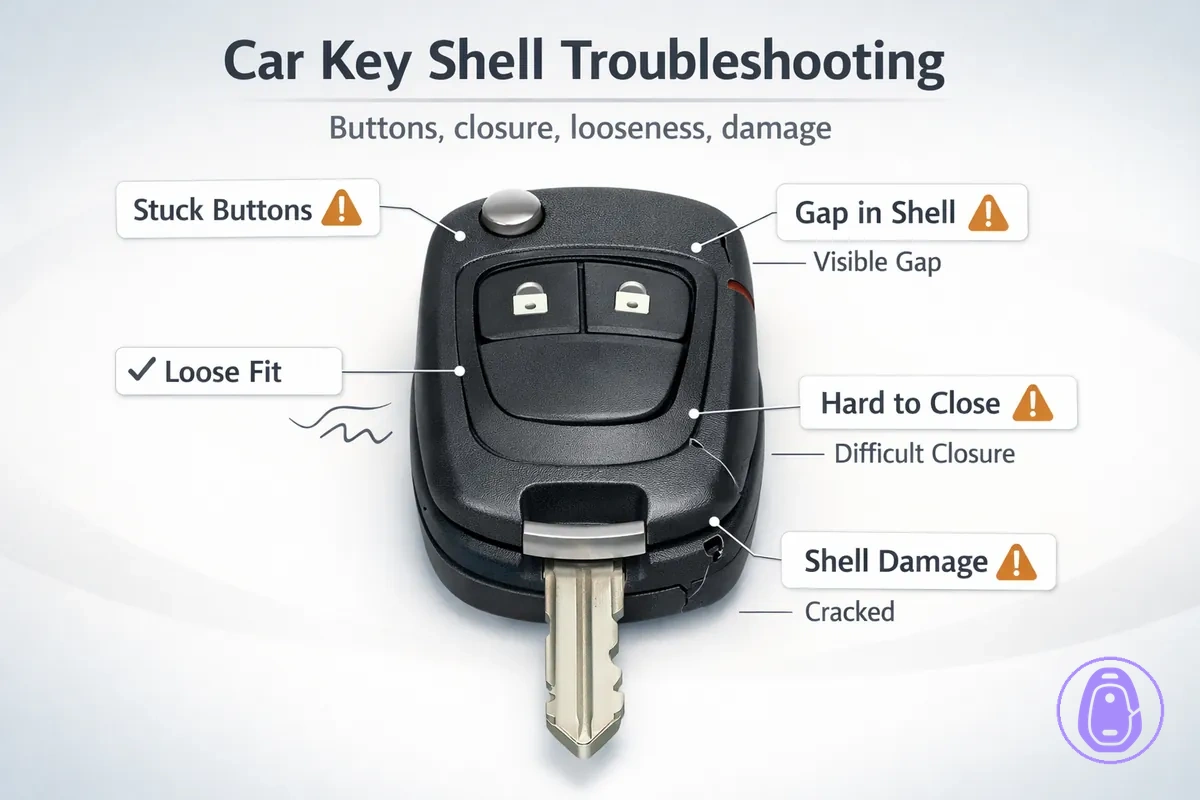 Troubleshooting illustration for common Car key shell issues like stuck buttons, gaps, and loose fit.