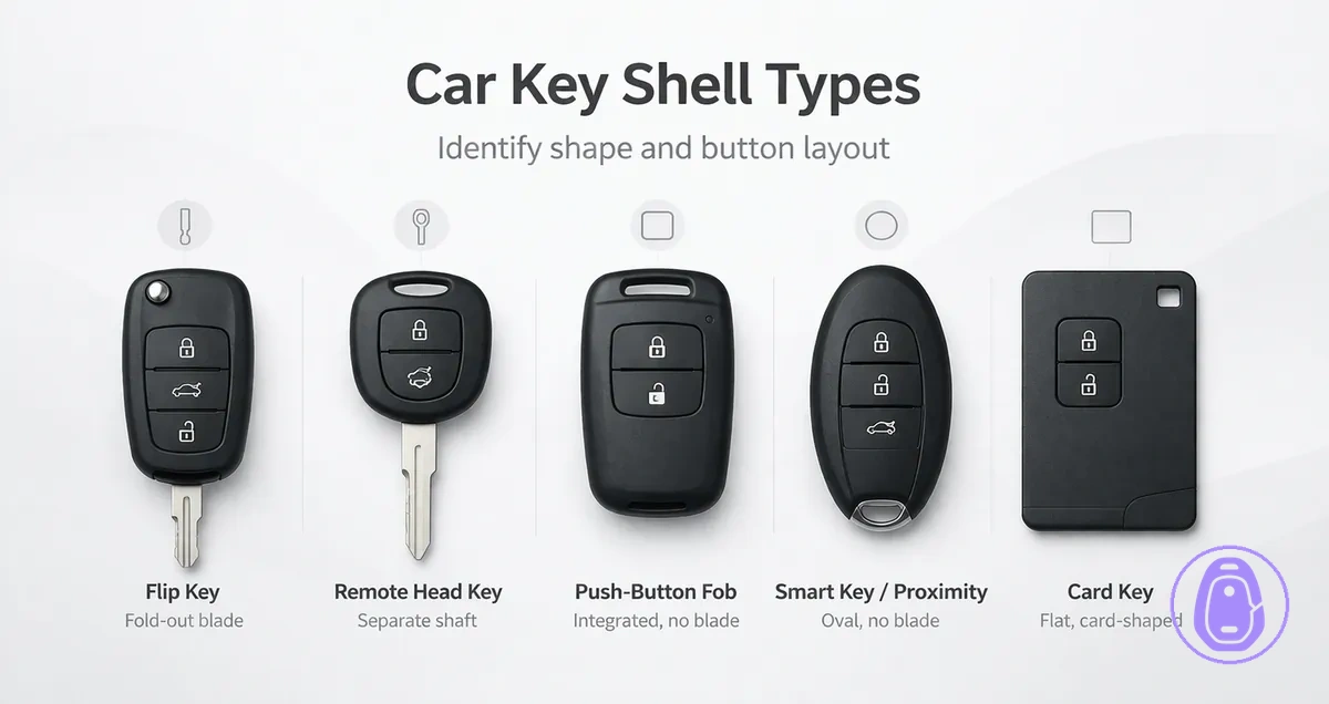 Illustration showing different Car key shell form factors by shape and button layout.